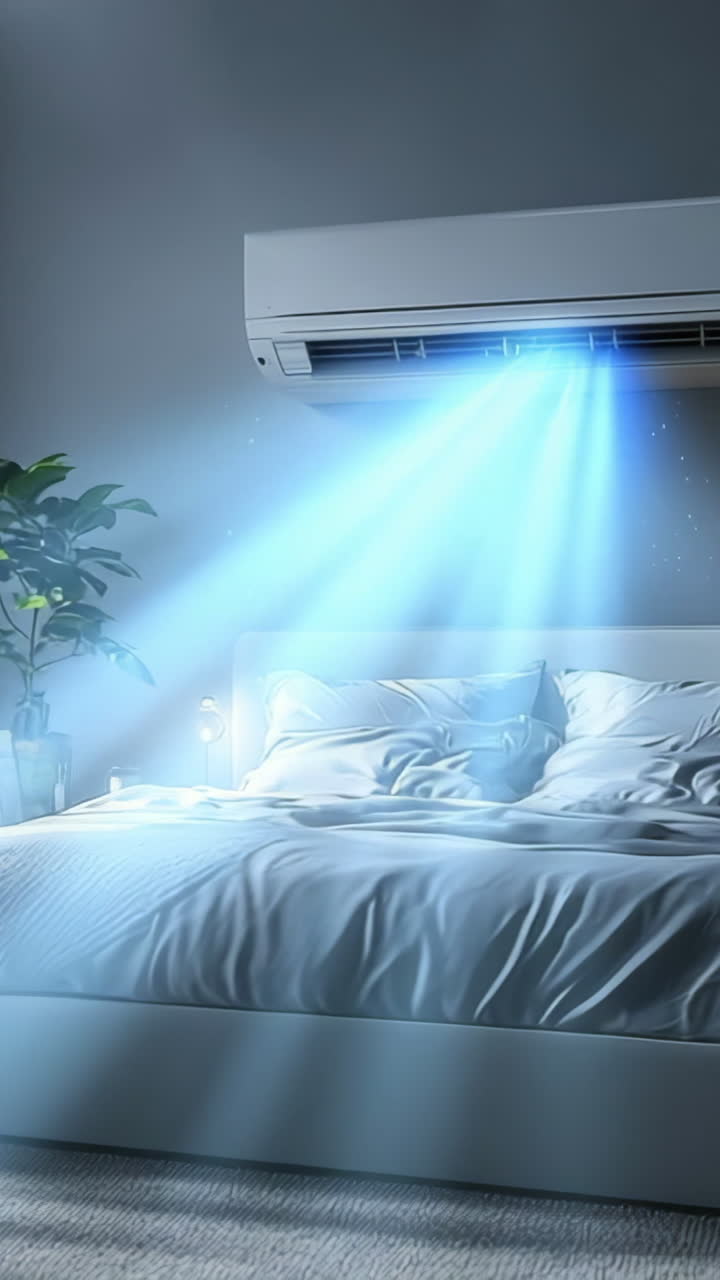 Bright and airy bedroom with modern ac. Light streams into a stylish bedroom featuring plants, a bed with soft linens, and a sleek air conditioning unit.