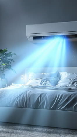 bright and airy bedroom with modern ac. light streams into a stylish bedroom featuring plants, a bed with soft linens, and a sleek air conditioning unit.