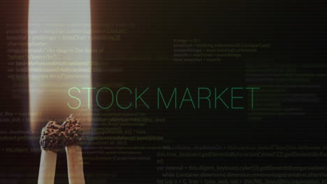 animation of stock market text and financial data processing over lit matches