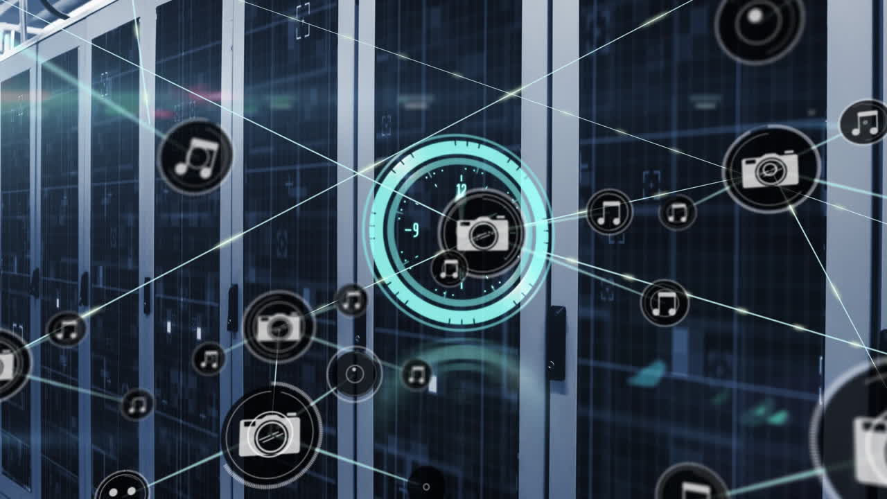 animación de la red de conexión con iconos sobre la sala del servidor