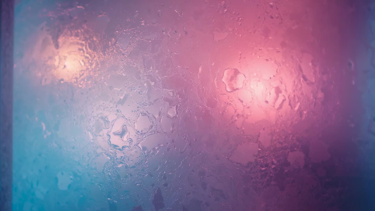 Moisture condensing on glass panel showing droplets and frost in room, with blue and pink light