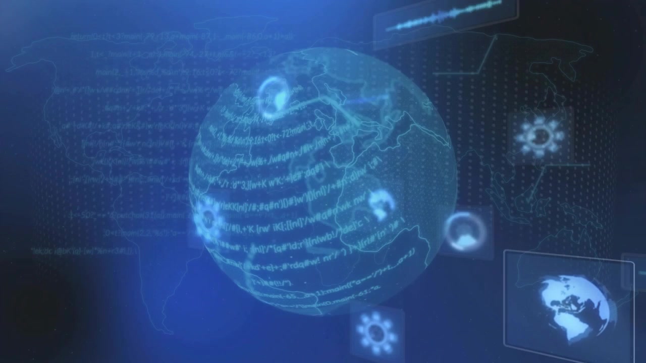 Globo wireframe che si apre, ingranaggi rotanti, anelli di codice orbitanti, mappe a spirale che scorrono mostrando il flusso di dati
