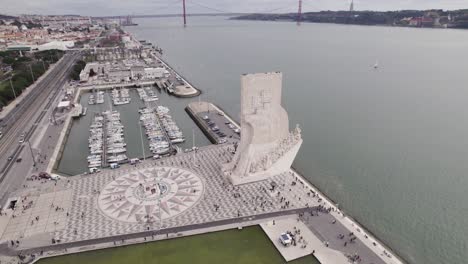 Aerial-Orbit:-Lisbon's-Monument-to-the-Discoveries-and-Bélem-Marina,-Portugal