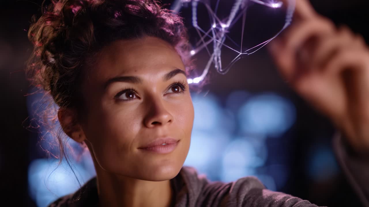 A contemplative woman interacts with glowing connections, embodying creativity and innovation while exploring abstract concepts through touch, highlighting the fusion of technology and imagination