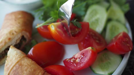 delicious turkish spring rolls with tomatoes and cucumber salad