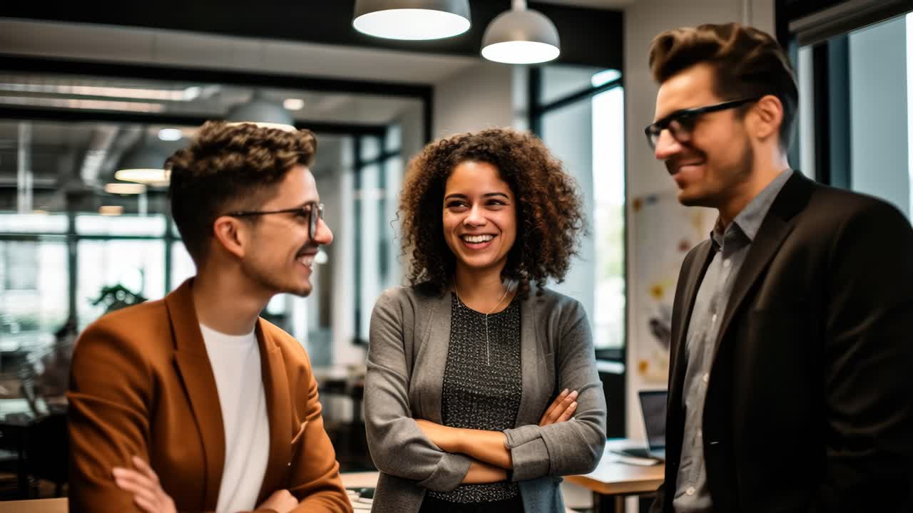 Casual office meeting with three colleagues smiling, captured at eye level