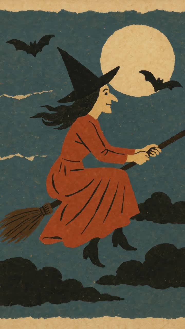 Vintage-style illustration of a witch flying on a broomstick against a full moon, viewed from a side