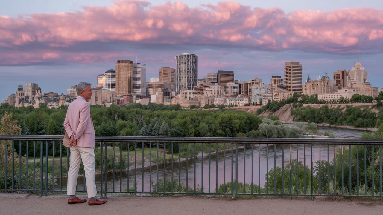 Reflexión vespertina: una figura vestida con colores pastel contempla un paisaje urbano con un horizonte escénico bañado por hermosos tonos del atardecer y una exuberante vegetación.