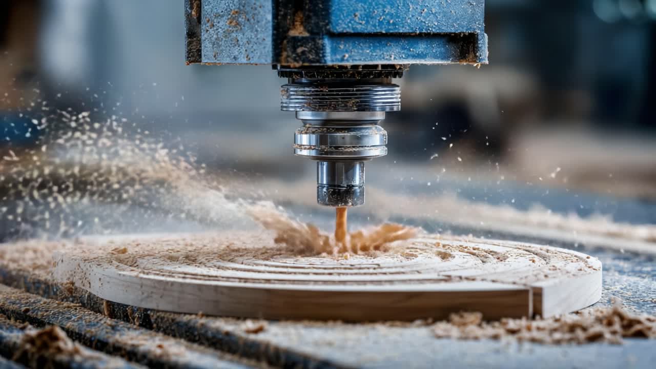 Mastering Precision: A Close-Up View of a CNC Router Engaged in Woodworking, Creating Intricate Designs as Wood Shavings Fly in the Air