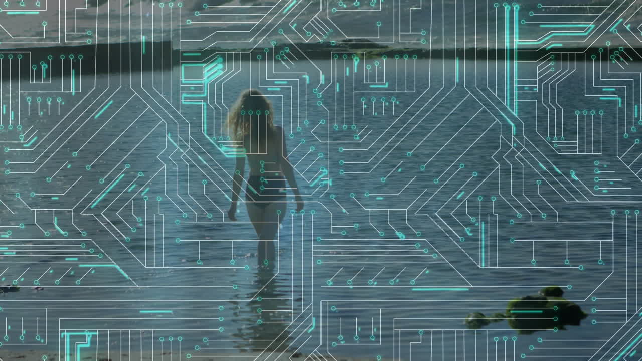 Silhouette of person in water with circuit board pattern overlay animation