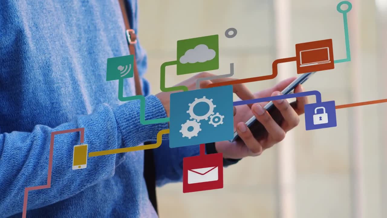 animación de la red de conexiones con iconos sobre hombres caucásicos que usan teléfonos inteligentes