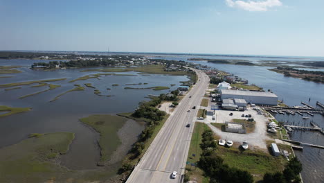 aerial view of coastal highway bridge and marsh landscape