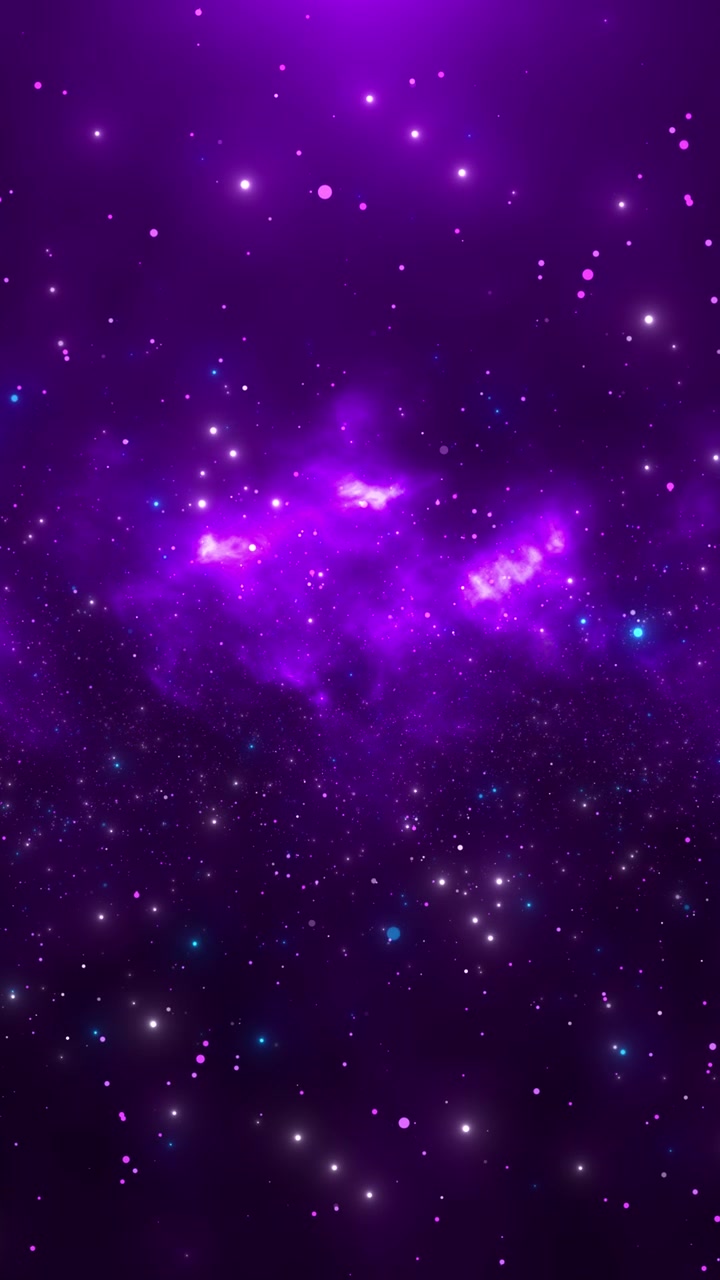 Violet kosmisk stjernebaggrund, glødende tågeskyer, lyst partikelfelt, drømmende rumdybde, perfekt