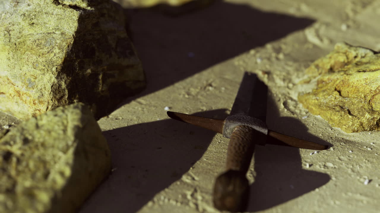 Sword resting on sandy ground surrounded by rocks in natural light