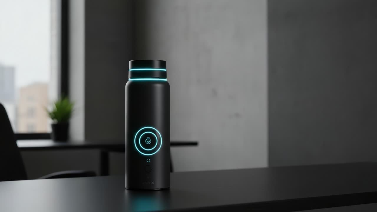Modern Smart Water Bottle with LED Indicators in Minimalistic Office Space: A Stylish Blend of Functionality and Technology for Daily Hydration