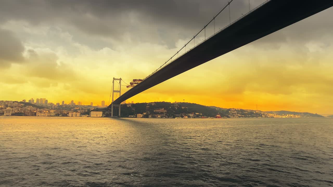 Hyper lapse of Bosporus Bridge seen from a ferry boat. Istanbul City View.