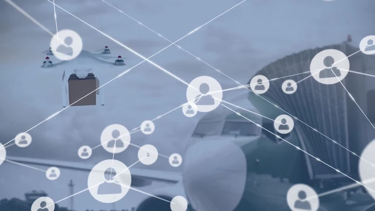 연결 네트워크의 애니메이션과 비행기 위의 디지털 드론