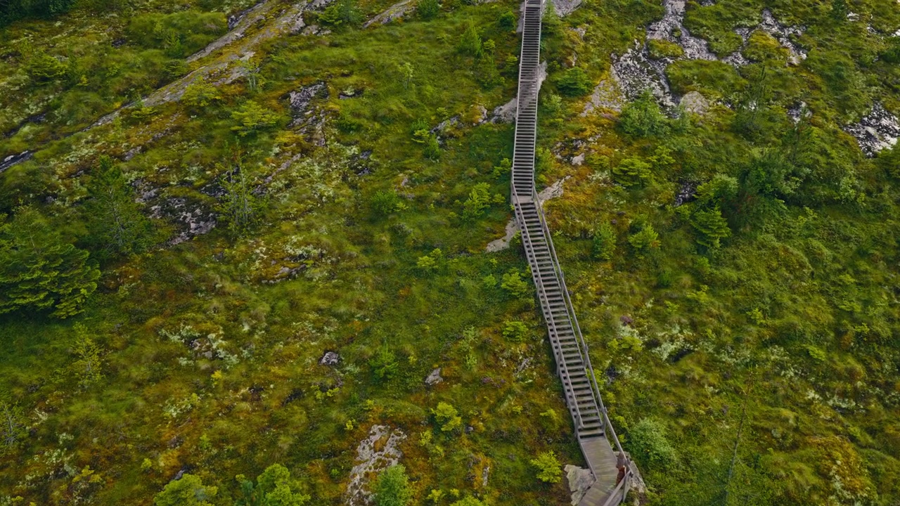 Vista aerea delle Scale di Vettan (Vettantrappa) vicino a Bessaker nel Trøndelag, Norvegia, che mostra la scalinata, la collina circostante e il paesaggio naturale