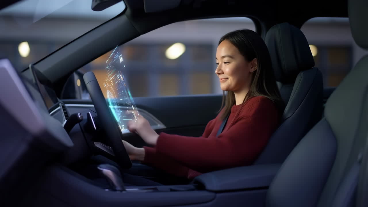Woman Interacting with Holographic Display in a Modern Car