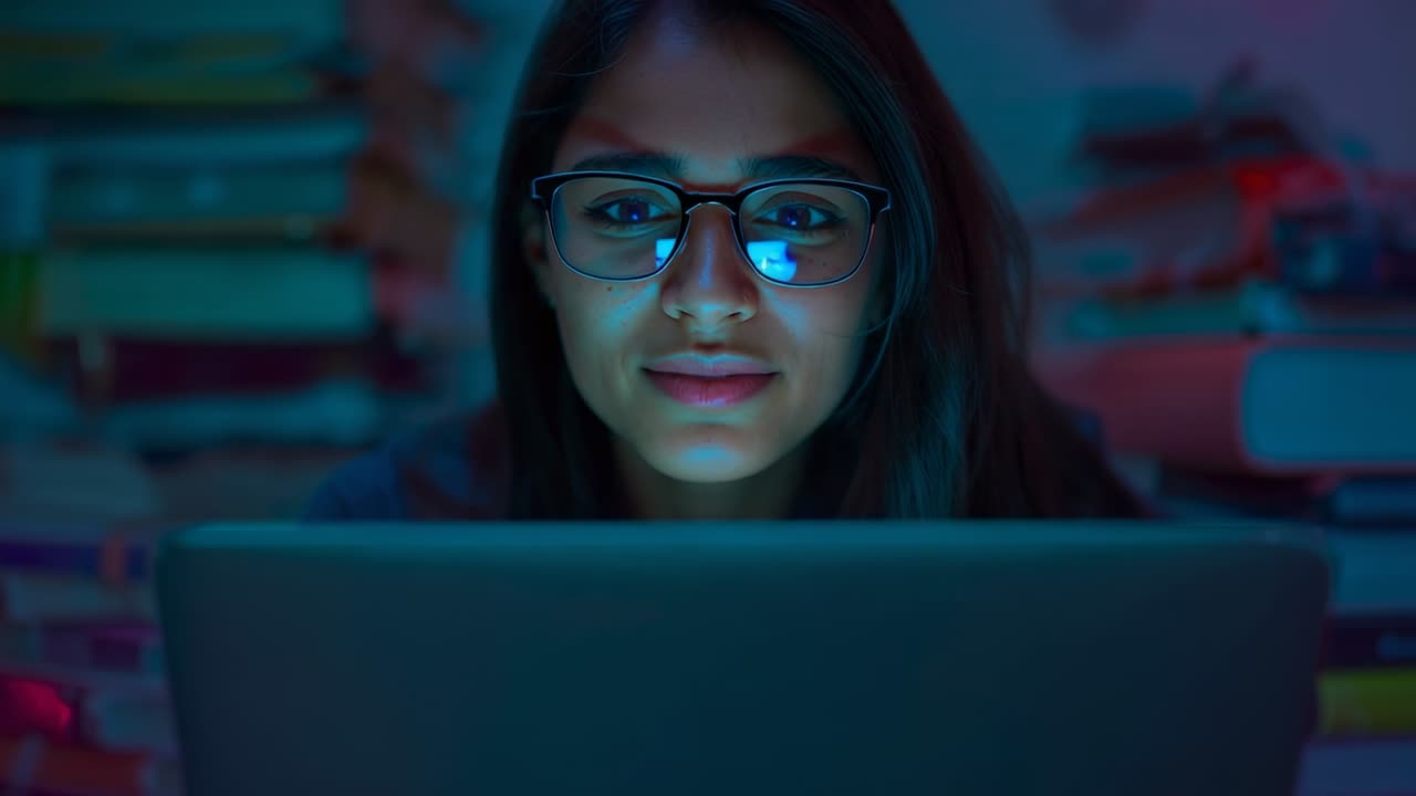 Noticing laptop glow in glasses, Asian woman blinking and leaning forward, smiling by bookshelves