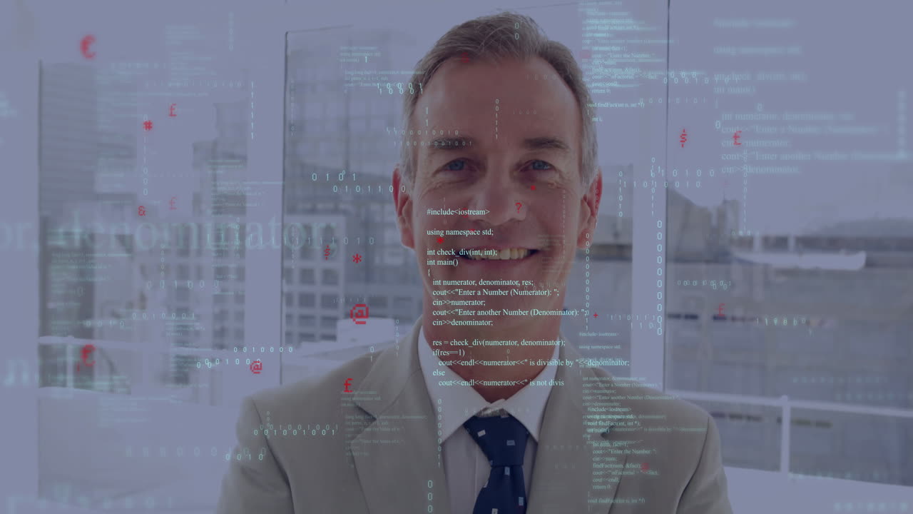 In office, businessman analyzing digital data with processing animation overlay