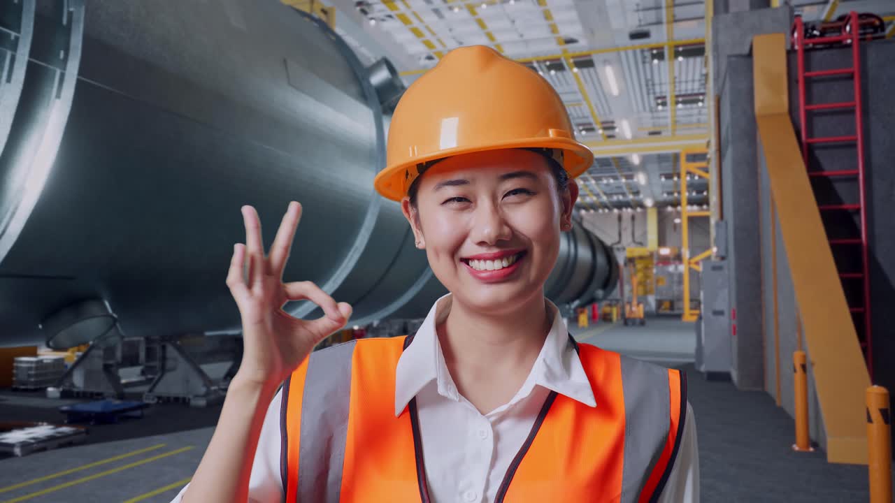 안전 헬을 입은 아시아 여성 엔지니어가 파이프 제조 공장에서 서 있는 동안 미소 짓고 카메라에 은 몸짓을 보여줍니다.