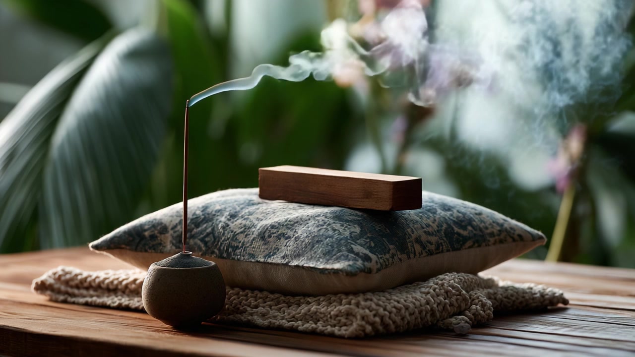 Un entorno tranquilo y sereno con incienso encendido, un bloque de madera y cojines decorativos, rodeado de exuberante vegetación e iluminación suave para una atmósfera pacífica.