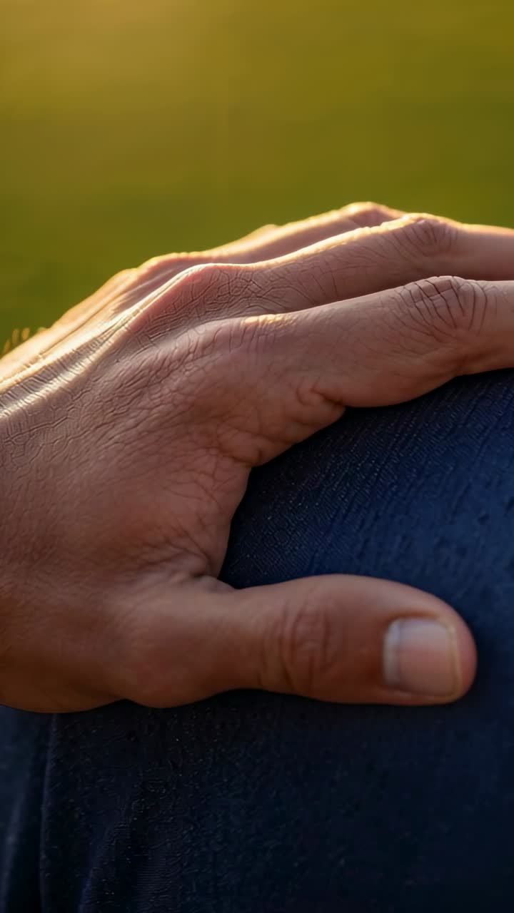 Video vertical: Mano derecha en reposo haciendo pequeños movimientos en la rodilla con pantalones oscuros en un parque, creando una hendidura