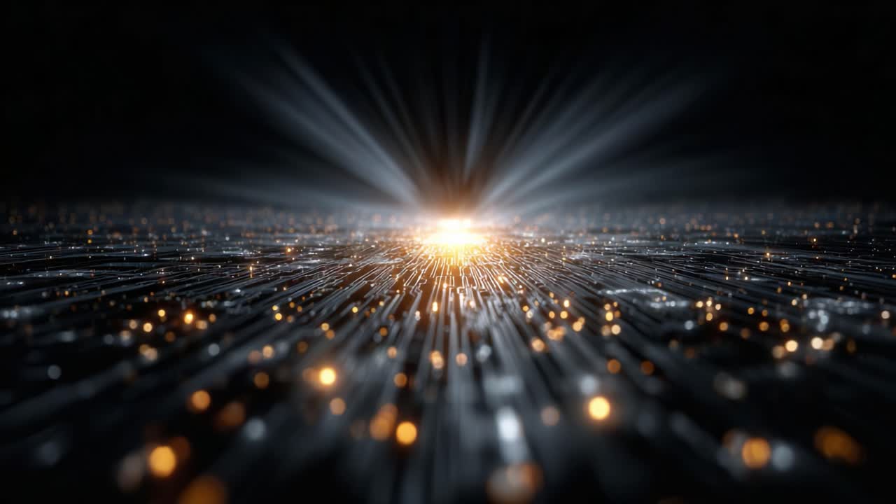 A Stunning Visualization of Light Rays and Particles Exuding from a Central Source, Creating a Dynamic Feel of Depth and Movement in a Dark Environment