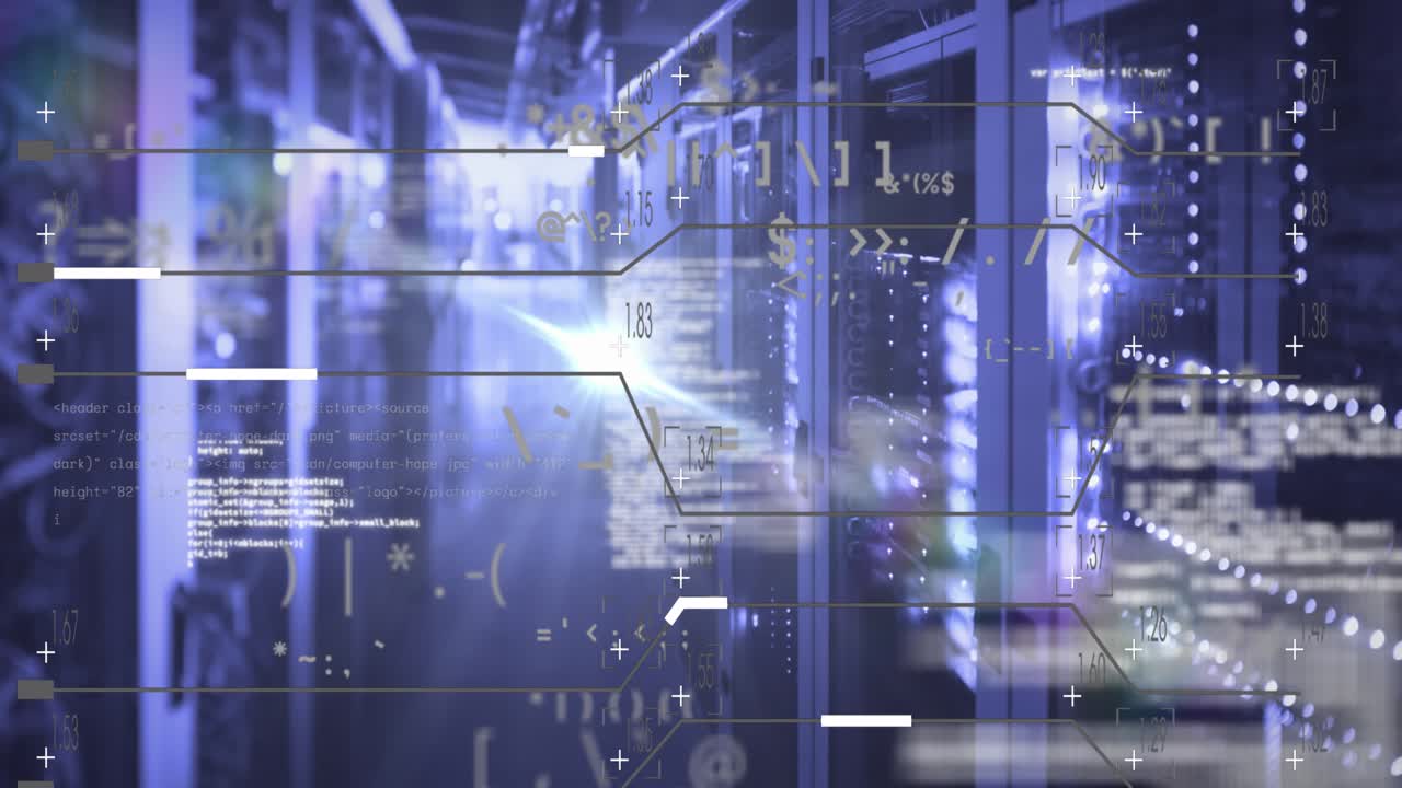 Animation shows global internet network and data processing concept