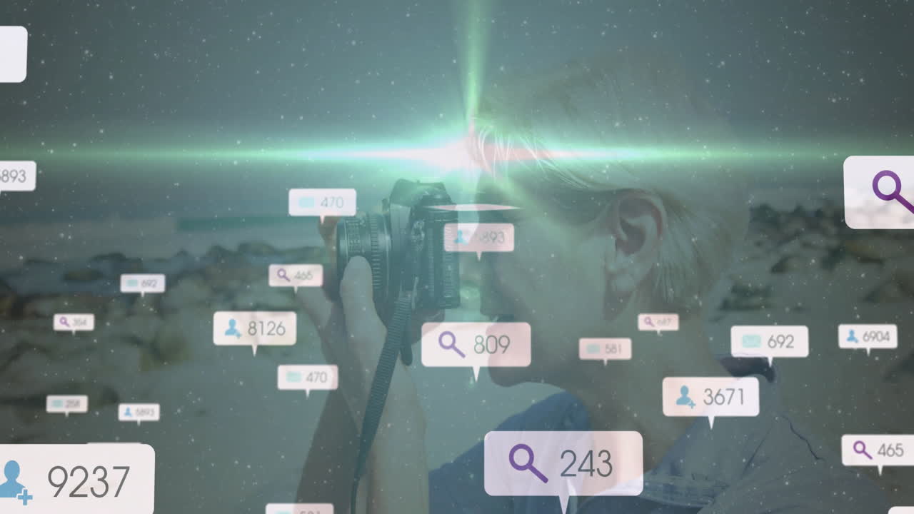 Taking photograph, person with animation of social media icons overlaying scene