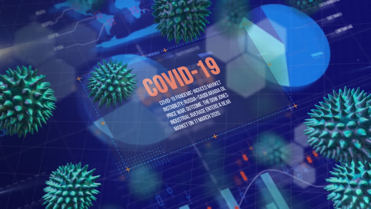 Digital animation depicts Covid-19 cells and stats, highlighting the global pandemic.