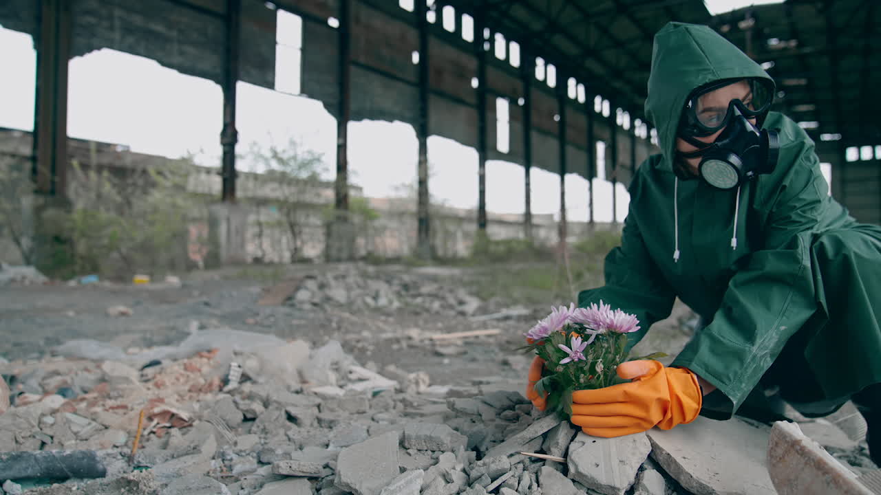 Ecological catastrophe. Ecologist in protective suit and gas mask trying to save flowers in isolated place with chemical attack.