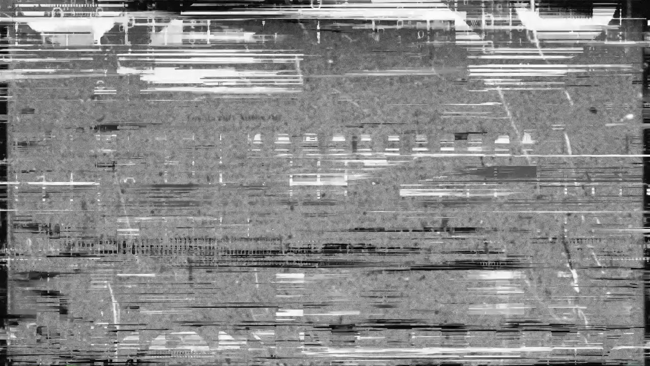 Monokrom digital glitch-effekt med statisk støj.