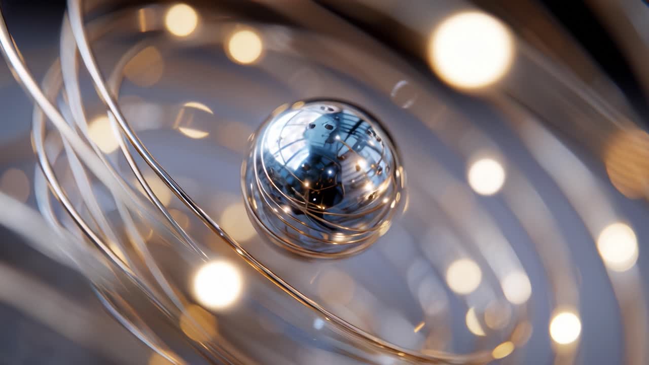 A captivating visual representation of abstract concepts, featuring a metallic sphere surrounded by golden swirling rings of light, that evokes a sense of wonder and exploration of the universe