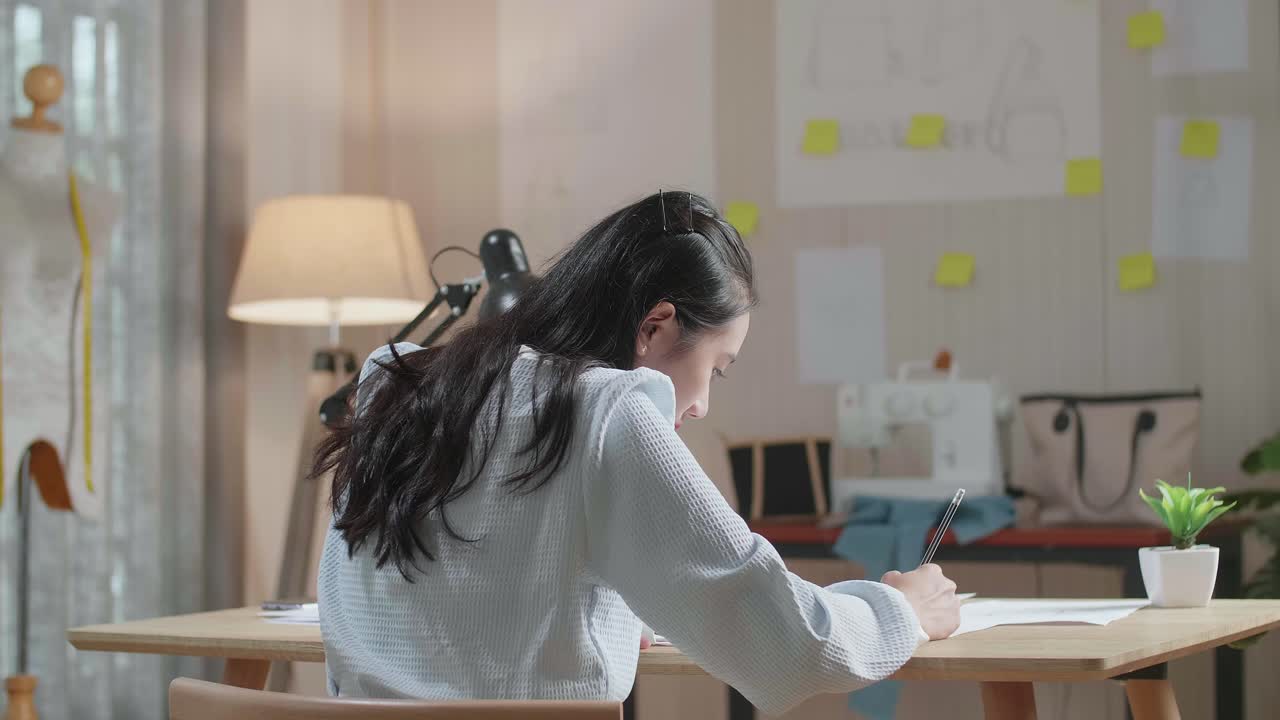 vista trasera de una mujer bolso diseñador está dibujando en el enlace de diseño en la oficina