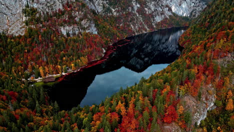 colorful mountain alps during autumn season in toplitzsee lake, austria