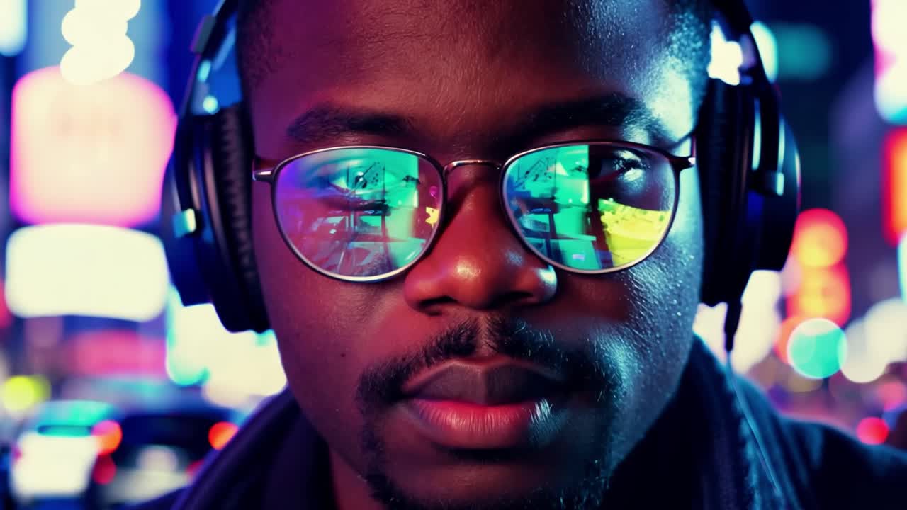 Man with headphones and glasses in a city