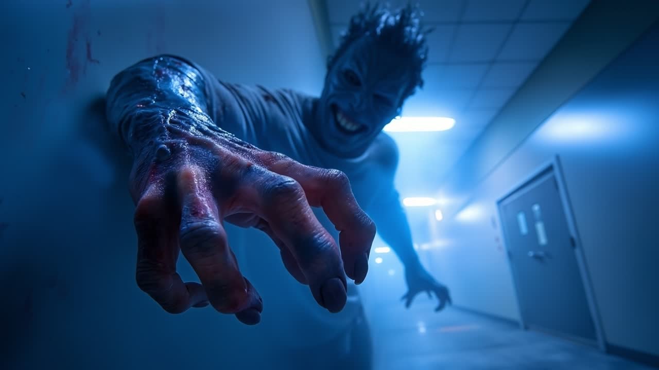 Scary zombie monster reaching out in a dark blue cinematic hallway