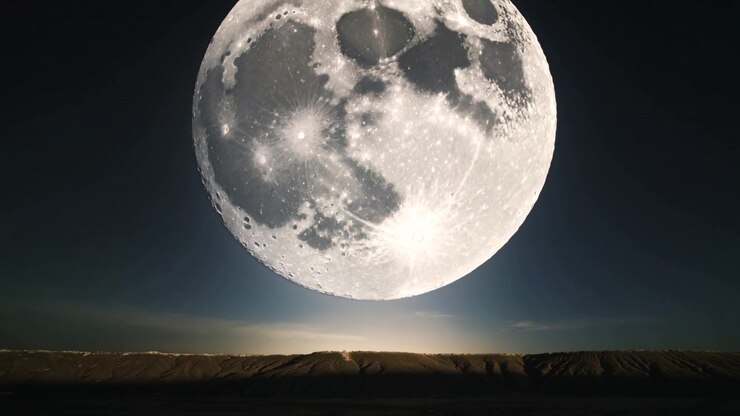 Time-lapse mostrando a lua cheia centralizada descendo sobre uma crista de mesa à noite, com o brilho do horizonte
