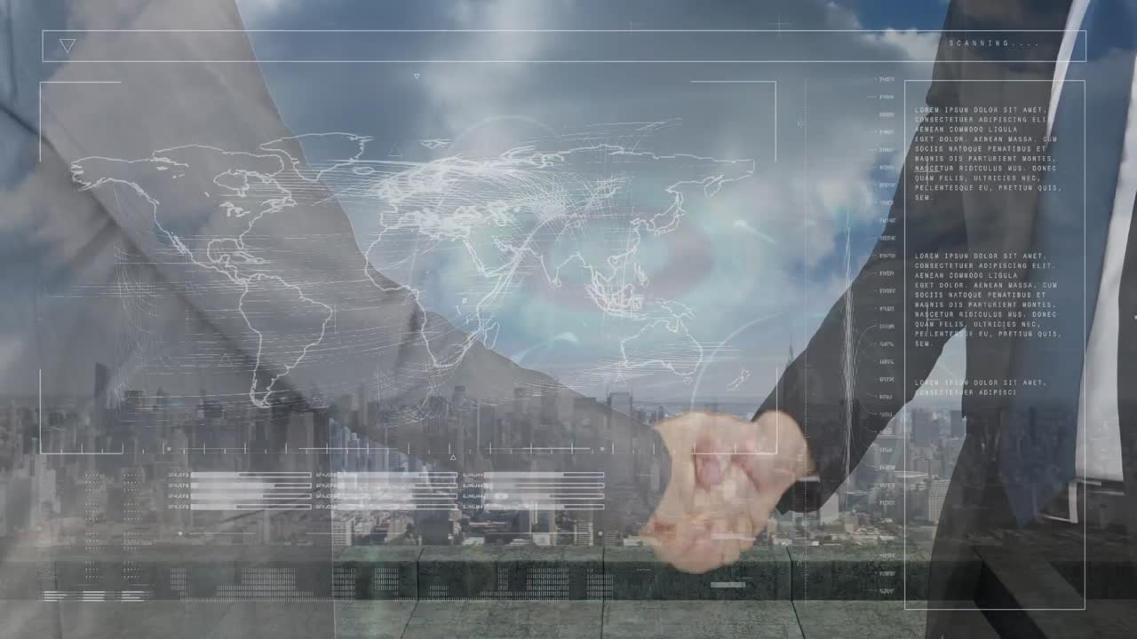 animação de mapa do mundo e processamento de dados sobre empresários caucasianos aperto de mão e paisagem urbana