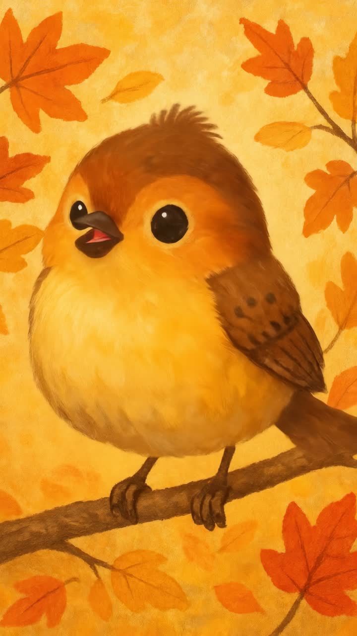 Charming illustration of a round bird on a branch, surrounded by autumn leaves