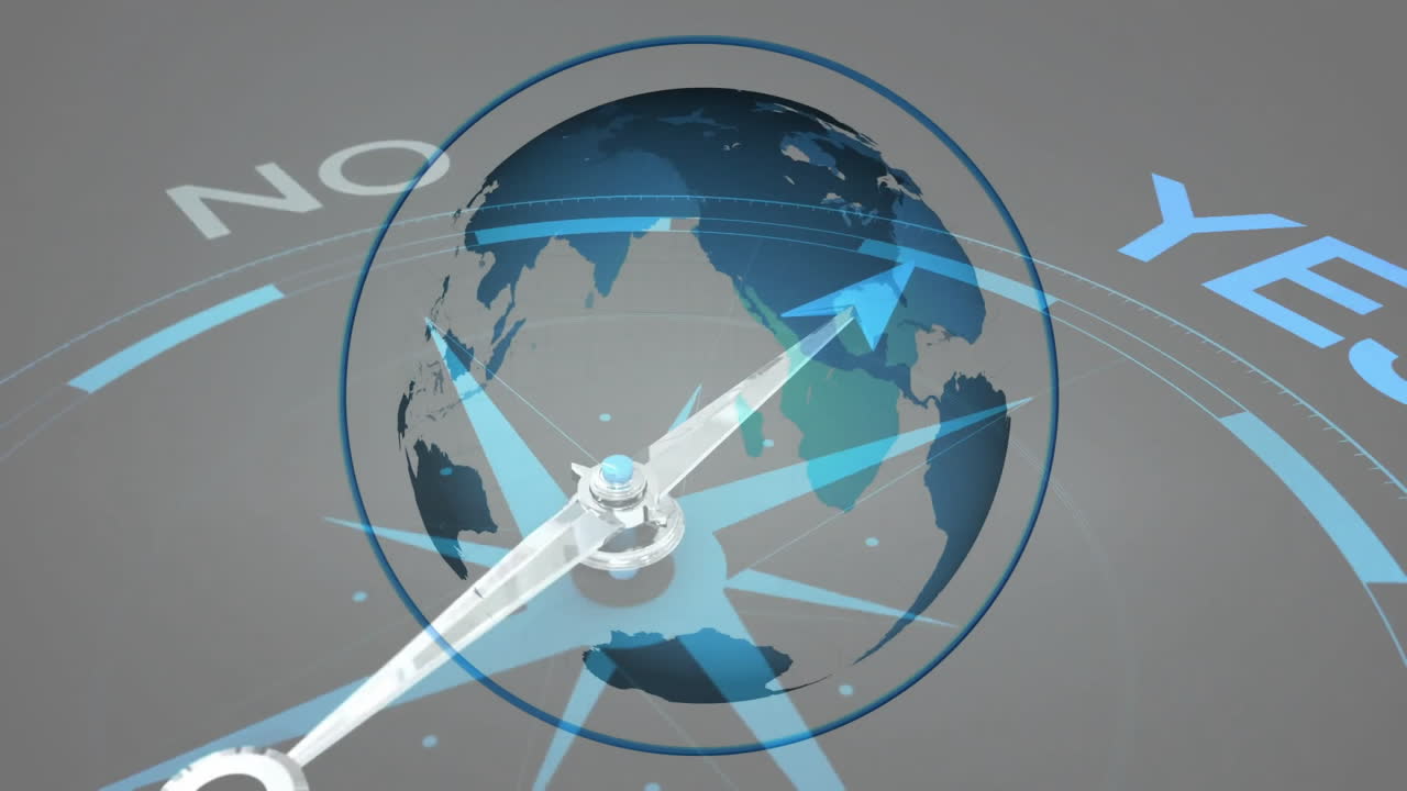 Compass needle pointing to YES over rotating globe animation