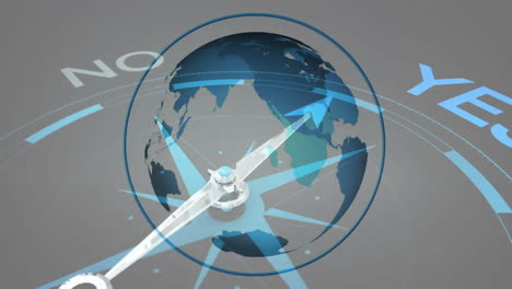 compass needle pointing to yes over rotating globe animation