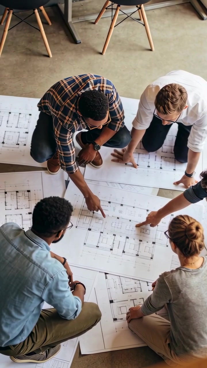 Vertical video: Pointing man in denim gesturing, team leaning, comparing floor plans in studio