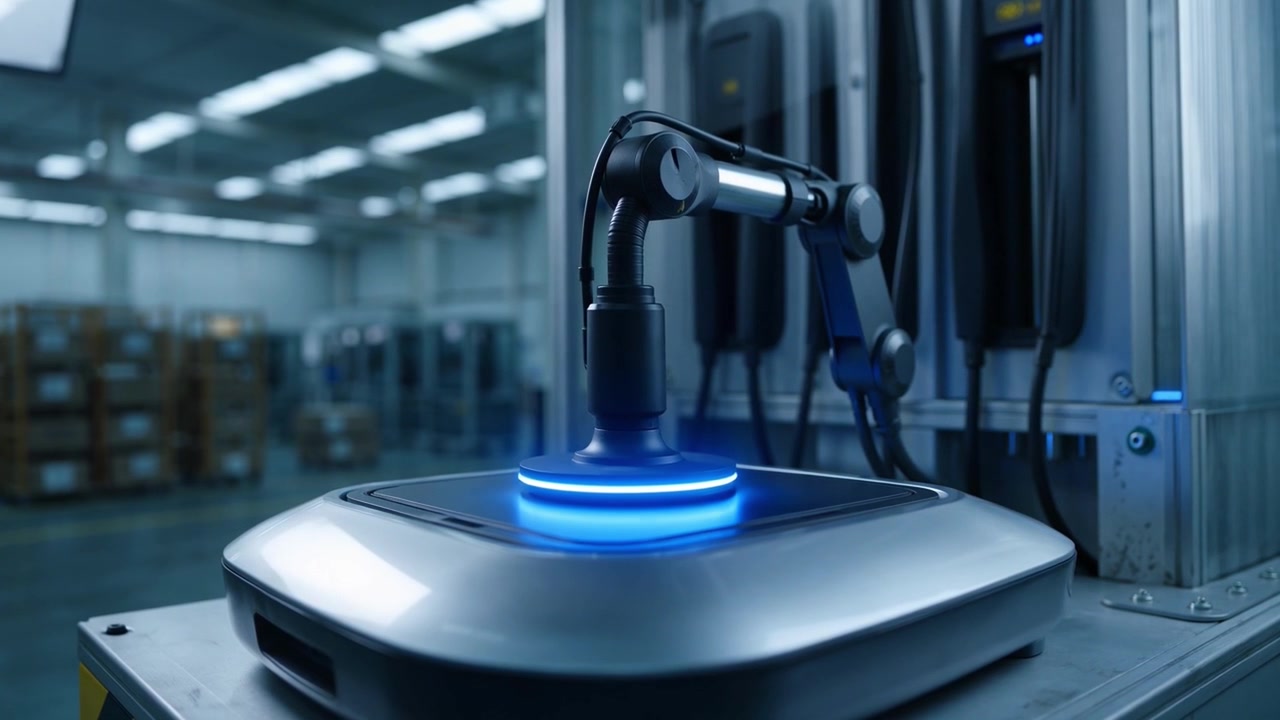Braccio robotico con un dispositivo futuristico in una fabbrica