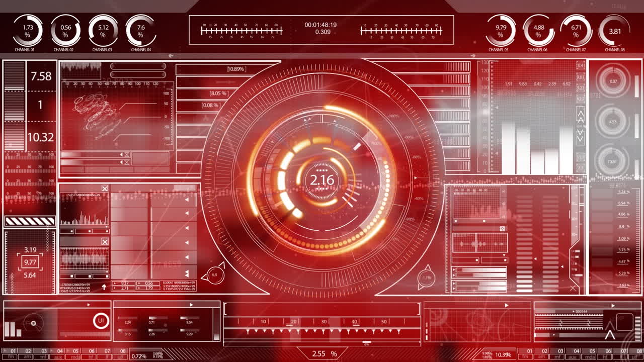 Animation of round scanner spinning over interface with data processing against red background
