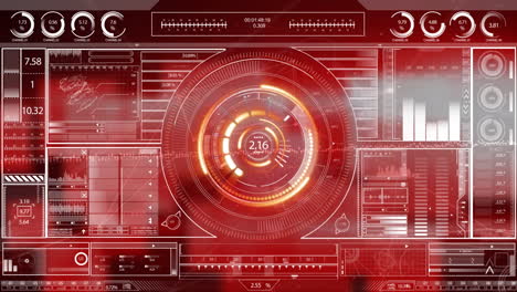 animación de un escáner redondo girando sobre la interfaz con procesamiento de datos contra un fondo rojo