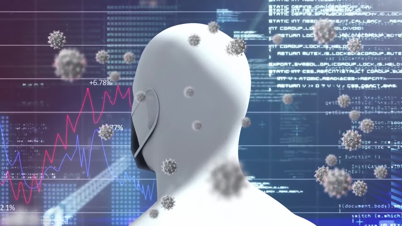 코로나 19 바이러스 세포의 애니메이션과 회색 배경의 디지털 헤드 오버 데이터 처리