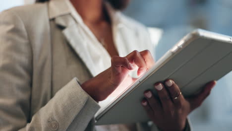 tablet, night and hands of business person typing